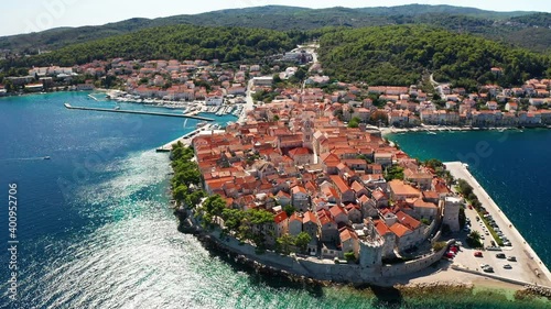 Aerial view of Korcula old town on Korcula island, Croatia.