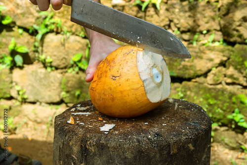 The coconut is cut with a large cleaver photo