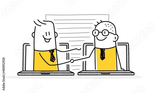 Funny stick figures. Two partners handshaking from the screens of different laptop.