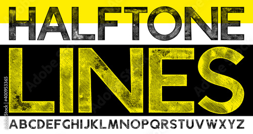 Halftone Lines Eroded Font Design. Geometric font with rough printed screen print texture. Unique new design. Compound path and optimised. Incredibly detailed, individually textured characters.