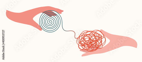 Psychotherapy concept. Psychologist psychiatrist doctor who helps and patient care with mental disorders. Health care. Patient hand with tangle and patient hand distressing a tangle