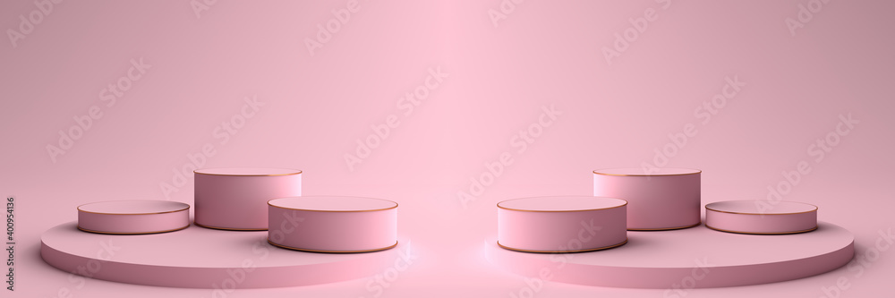 3D rendering of Round pink Pedestal, Podium for display product on the pink floor. Pedestal can be used for commercial advertising, Isolated on pink background, Product Presentation, illustration. 3D rendering of Round pink Pedestal, Podium for display product on the pink floor. Pedestal can be used for commercial advertising, Isolated on pink background, Product Presentation, illustration.