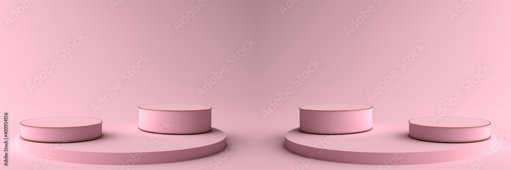 3D rendering of Round pink Pedestal, Podium for display product on the pink floor. Pedestal can be used for commercial advertising, Isolated on pink background, Product Presentation, illustration. 3D rendering of Round pink Pedestal, Podium for display product on the pink floor. Pedestal can be used for commercial advertising, Isolated on pink background, Product Presentation, illustration.