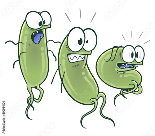 Scared cartoon bacteria. Scared three cartoon green bacteria on the white background. Cartoon bacteria series. 