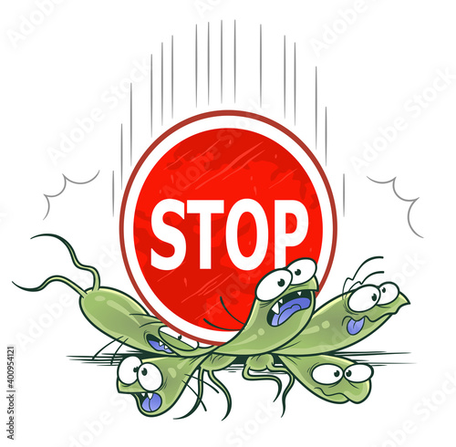 Stop bacteria illustration. Heavy stop sign fell down on bacteria. Cartoon bacteria series.