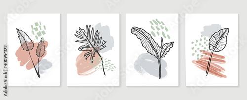 Botanical wall art vector set. Earth tone boho foliage line art drawing with  abstract shape.  Abstract Plant Art design for wall framed prints, canvas prints, poster, home decor, cover, wallpaper. © TWINS DESIGN STUDIO