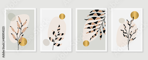 Botanical and gold abstract wall arts vector collection.  Golden and luxury pattern design with leaves line arts, Hand draw Organic shape design for wall framed prints, canvas prints, poster, home dec