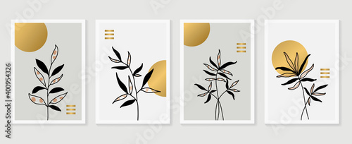 Botanical and gold abstract wall arts vector collection.  Golden and luxury pattern design with leaves line arts, Hand draw Organic shape design for wall framed prints, canvas prints, poster, home dec