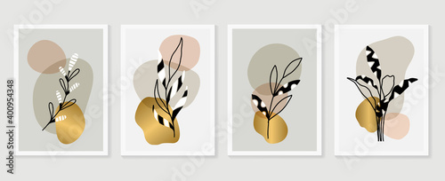 Botanical and gold abstract wall arts vector collection.  Golden and luxury pattern design with leaves line arts, Hand draw Organic shape design for wall framed prints, canvas prints, poster, home dec