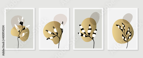 Botanical and gold abstract wall arts vector collection.  Golden and luxury pattern design with leaves line arts, Hand draw Organic shape design for wall framed prints, canvas prints, poster, home dec