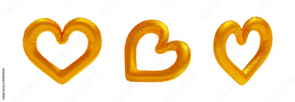 Set of isolated realistic gold heart shaped foil balloon vector decoration for valentine's day, love and wedding event Set of isolated realistic gold heart shaped foil balloon vector decoration for valentine's day, love and wedding event