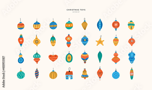 Big set with different christmas toys or baubles. Bundle of festive ornaments. Vector hand drawn illustration in flat cartoon style.