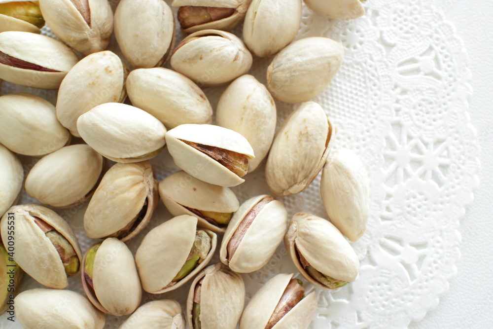 Pistachio on dish for snack food with copy space