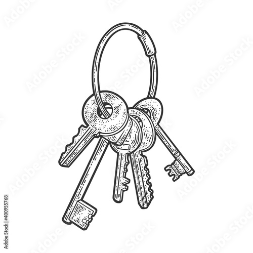 bunch of keys sketch engraving vector illustration. T-shirt apparel print design. Scratch board imitation. Black and white hand drawn image.