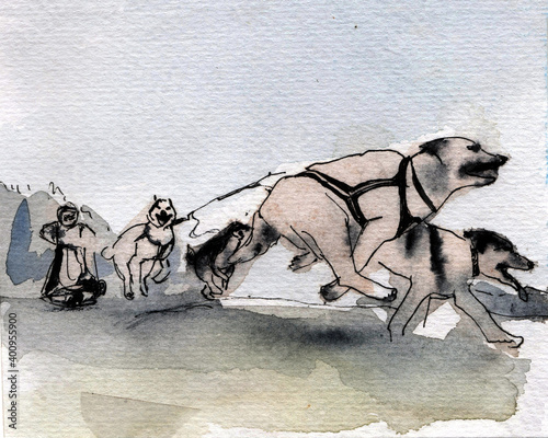 Canvas Print Hand drawn watercolor hound dogs, annual dog sled race