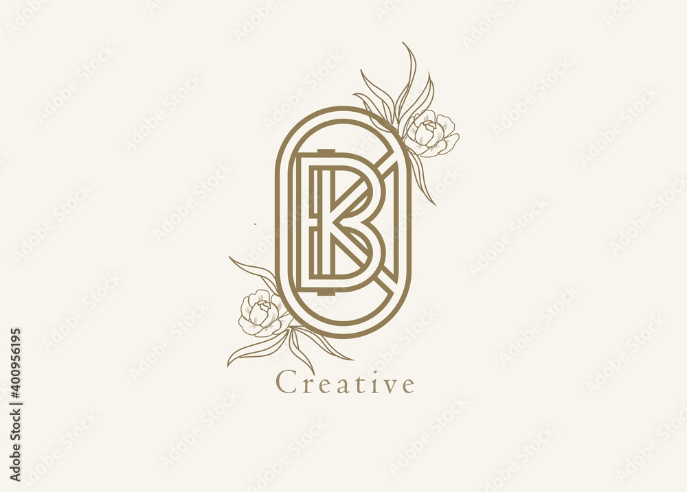 Fototapeta premium Abstract Initial B and K Logo, Monogram with floral frame, usable for brand, card and invitation, logo design template element,vector illustration