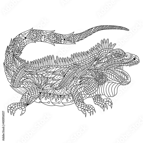 Hand drawn of iguana in zentangle style