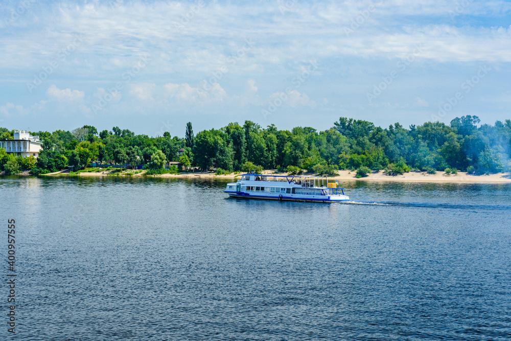 Tourist motor boat on a river Dnieper in Kiev, Ukraine