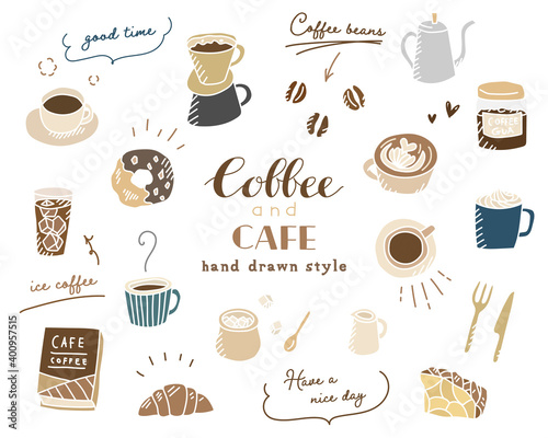 手描きのコーヒー、カフェのイラスト／セット／珈琲／スケッチ／スイーツ／マグカップ／おしゃれ