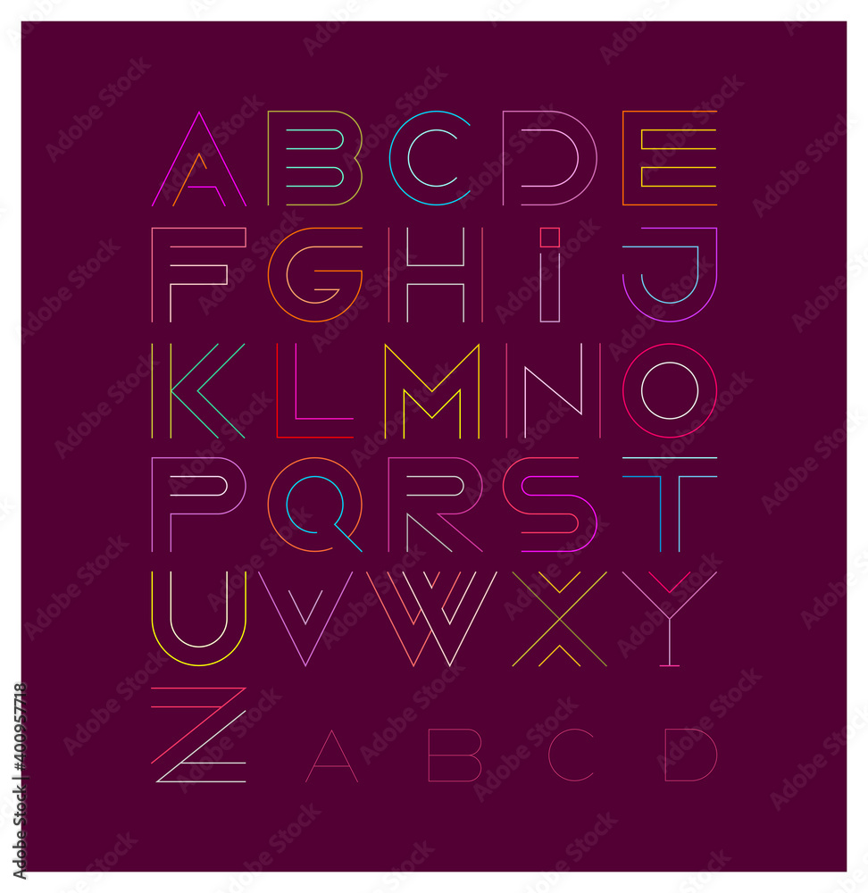 Vector decorative line art font design. Vector illustration featuring the letters of the alphabet from A to Z. Neon colors letters isolated on a dark background. Vector decorative line art font design. Vector illustration featuring the letters of the alphabet from A to Z. Neon colors letters isolated on a dark background.