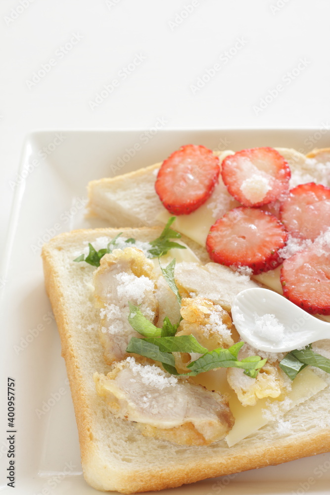 Homemade strawberry and cheese sugar toast for healthy gourmet breakfast