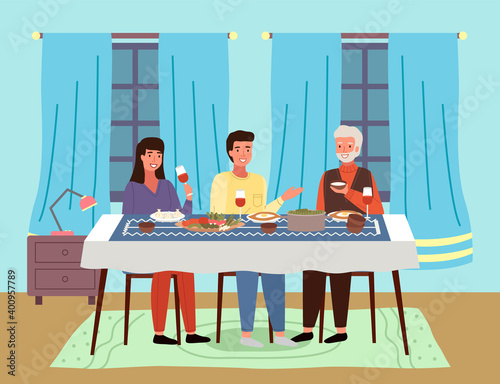 Table with khinkali and adjarian khachapuri. Arrangement of furniture. Characters eating georgian food. People are having a dinner at home. Girl drinking wine. Couple communicating with grandfather