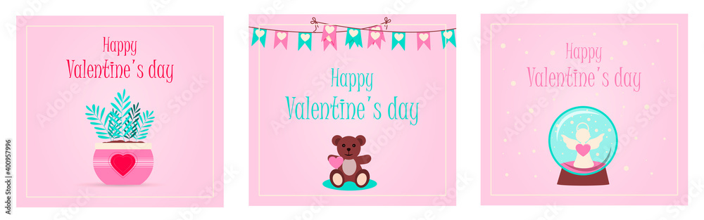 Valentine s day greeting card with hearts and love wishes. Flat vector illustration for sale, online store, delivery of goods for the holiday. Invitation flyer in pink, red, and blue. Images with a Valentine s day greeting card with hearts and love wishes. Flat vector illustration for sale, online store, delivery of goods for the holiday. Invitation flyer in pink, red, and blue. Images with a