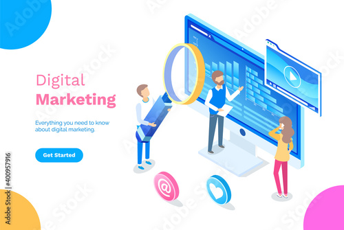 Digital marketing concept poster can use for web banner infographics, online training content. Social network and media communication landing page template. A team of specialists helps to build a plan