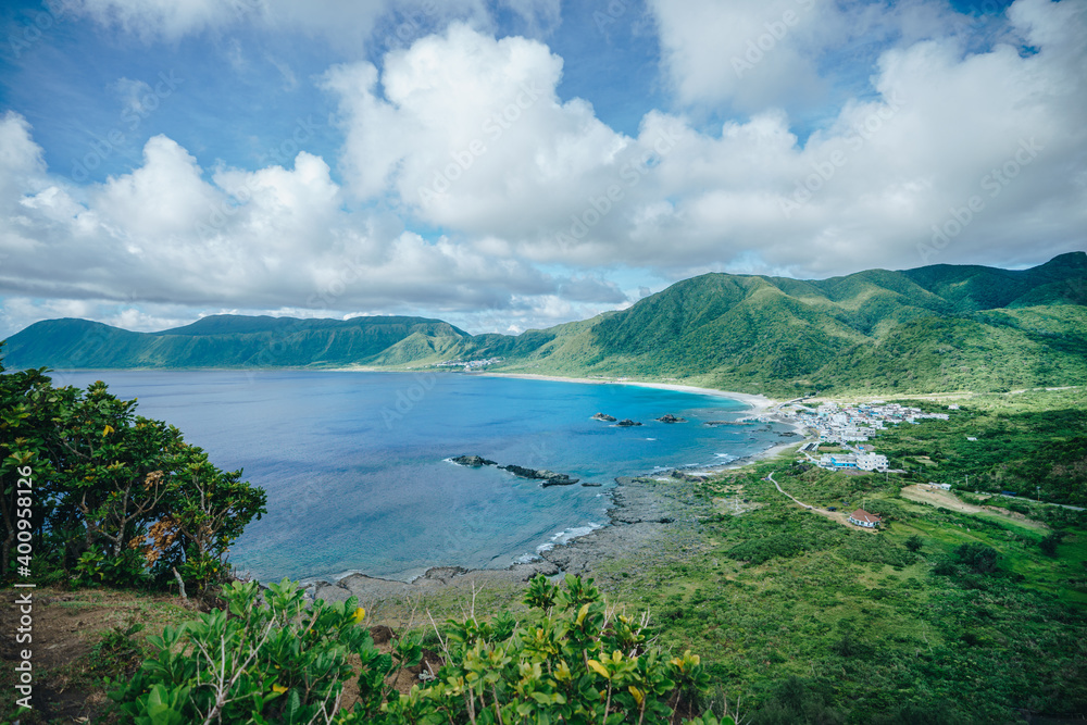 Landscape view from Nipple Hill on Lanyu island in Taitung. Landscape view with sea and mountains on a sunny day.