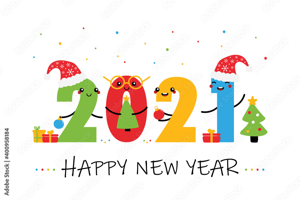 Fototapeta premium Happy New Year 2021 vector card, illustration with cute cartoon style numbers characters celebrating and decorating trees.