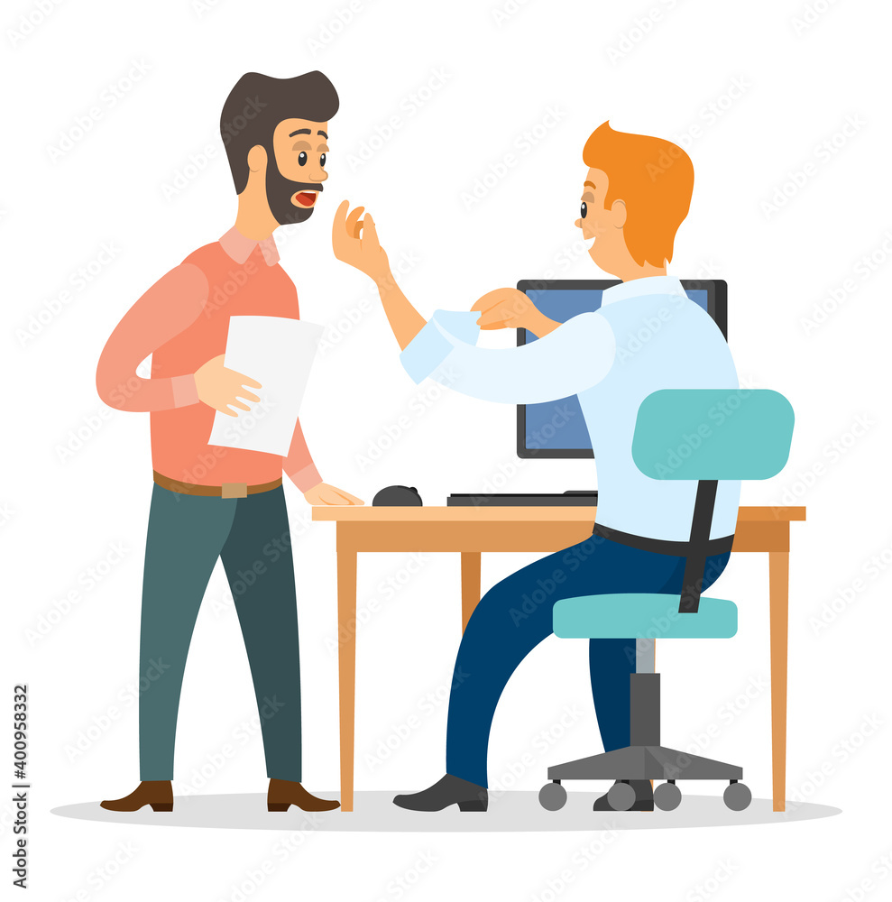 Office workers characters talking emotionally. Surprised open-eyed businessmen talking communication, man sitting at office desk with laptop. Business meeting and consideration of working issues Office workers characters talking emotionally. Surprised open-eyed businessmen talking communication, man sitting at office desk with laptop. Business meeting and consideration of working issues