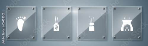Set Aroma candle, diffuser, and Foot massage. Square glass panels. Vector.