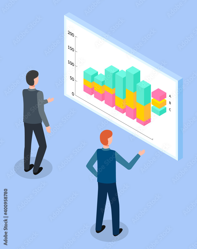 Isometric image of males, back view, standing in front of huge cartoon board with bar chart and scale, studying analytical data, white board screen. Traders monitoring information. E-commerce Isometric image of males, back view, standing in front of huge cartoon board with bar chart and scale, studying analytical data, white board screen. Traders monitoring information. E-commerce