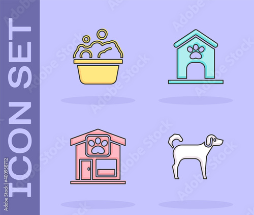 Set Dog, Pets bath, grooming and house and paw print icon. Vector.