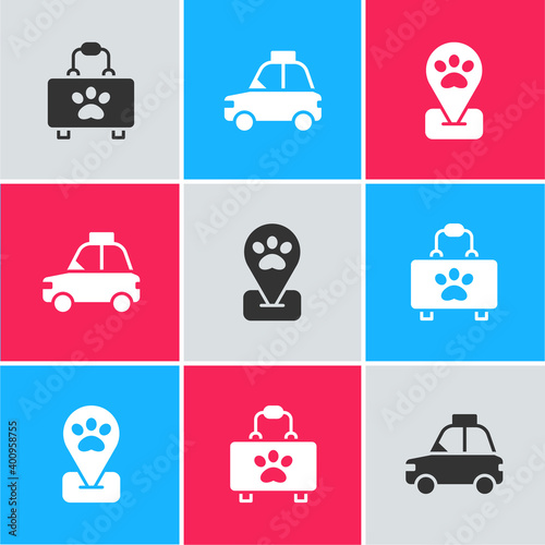 Set Pet first aid kit, car taxi and Location pet grooming icon. Vector.