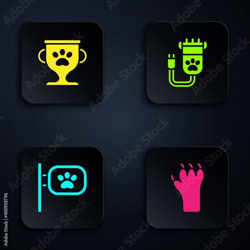 Set Paw print, Pet award, grooming and Hair clipper pet. Black square button. Vector.