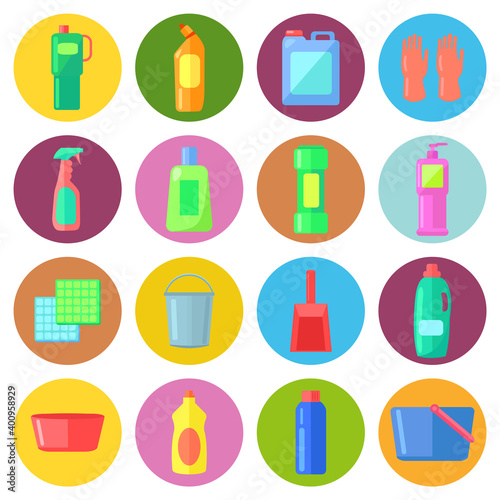 Set of bottles of household chemicals  supplies and cleaning  tools and containers for cleaning. Icons group of multicolored plastic flasks from chemical detergents  gloves  buckets  basins  rags