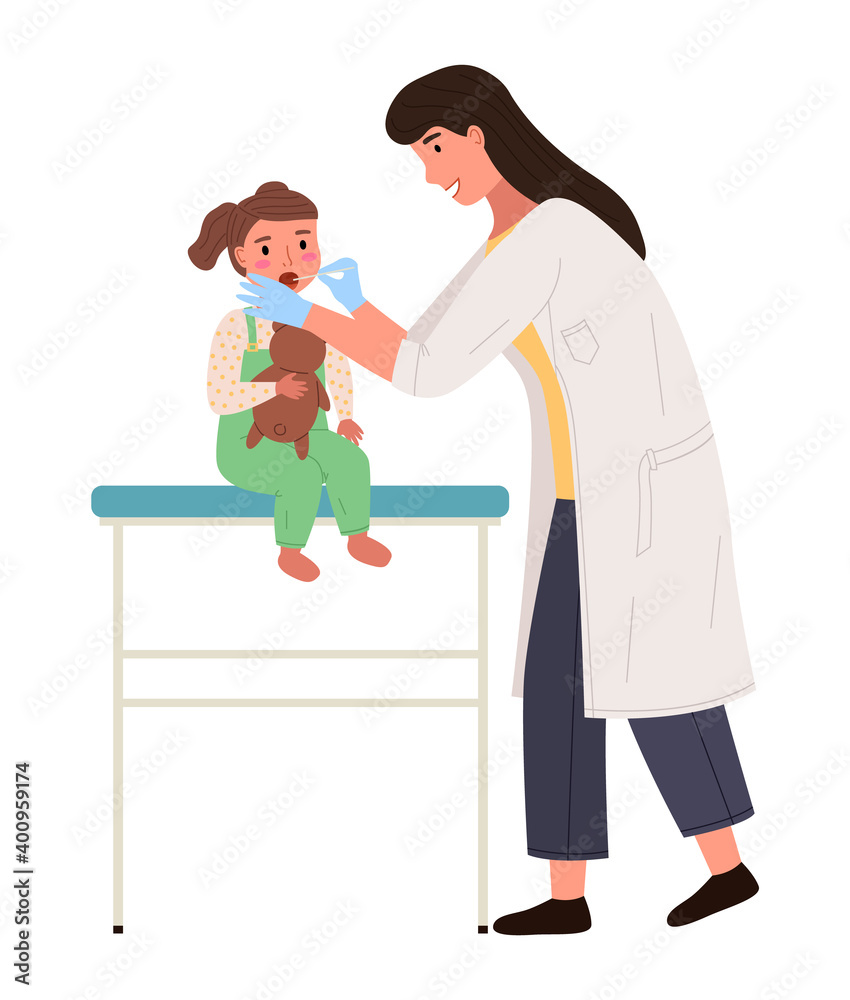 Pediatrician looks at the throat of a little girl with a special device. Doctor examines ill child. Cartoon female character holding a teddy bear at appointment with doctor. Physician works at clinic Pediatrician looks at the throat of a little girl with a special device. Doctor examines ill child. Cartoon female character holding a teddy bear at appointment with doctor. Physician works at clinic