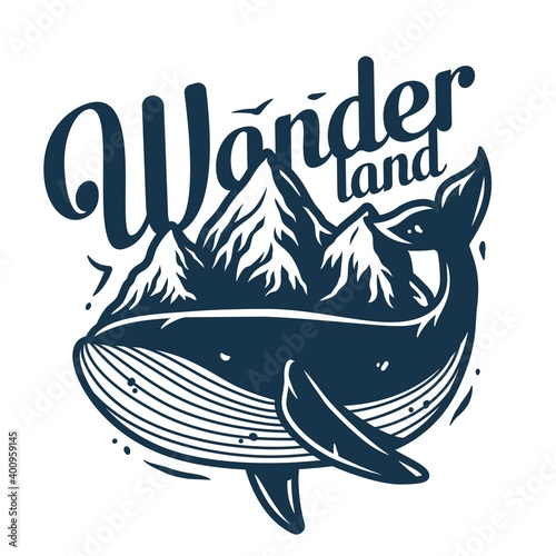 Marine whale and mountain. Nautical and wanderlust