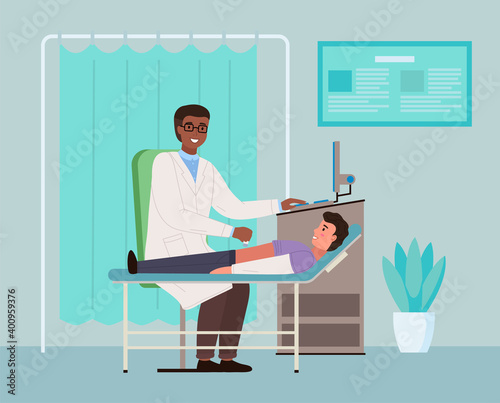 Consultation in the ultrasound office. Patient at the appointment with a gastroenterologist. Doctor conducts an ultrasound of patient s abdominal cavity. Physician works with special equipment