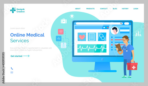 Program landing page template. App for providing medical service online. Paramedic holding first aid kit. Emergency doctor examines patient card. Website for analyzing state of health via the Internet