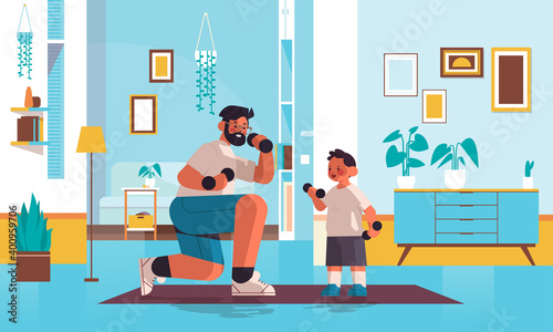 young father and son doing physical exercises with dumbbells parenting fatherhood concept dad spending time with his kid living room interior full length horizontal vector illustration