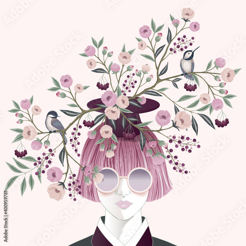 Vector illustration of a girl wearing sunglasses and decorating the hair with flowers. Design for cards, party invitation, Print, Frame Clip Art and Business Advertisement and Promotion