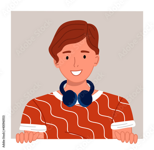 Cute man or young guy cartoon character with headphones worn around the neck. Smiling man character peek out the window, peeping. Music application and sound gadgets. Happy curious looking male
