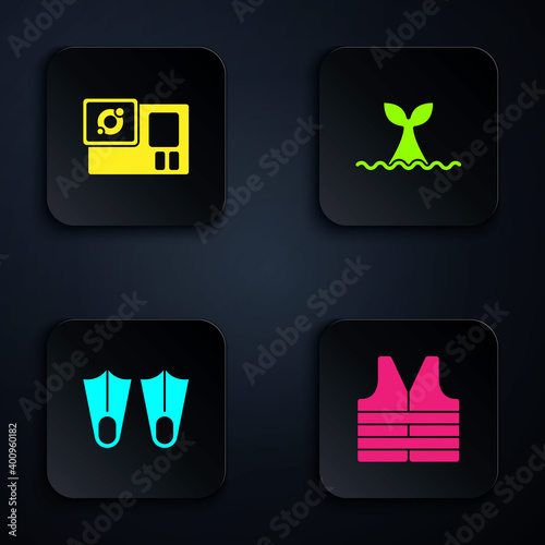 Set Life jacket, Action camera, Rubber flippers and Whale tail in ocean wave. Black square button. Vector.