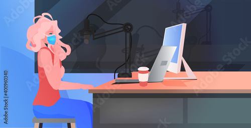 woman in mask giving online speech coronavirus pandemic fight against covid-19 concept radio station studio interior portrait horizontal vector illustration