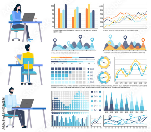 Graph and chart set, man and woman communication with laptop. Presentation of statistical, workers using computer, employee and diagram, office vector photo