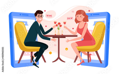 Online Dating. Couple in love using smartphone for virtual romantic relations and communication. Quarantine date. Valentines Day new normal celebration. Vector cartoon illustration.
