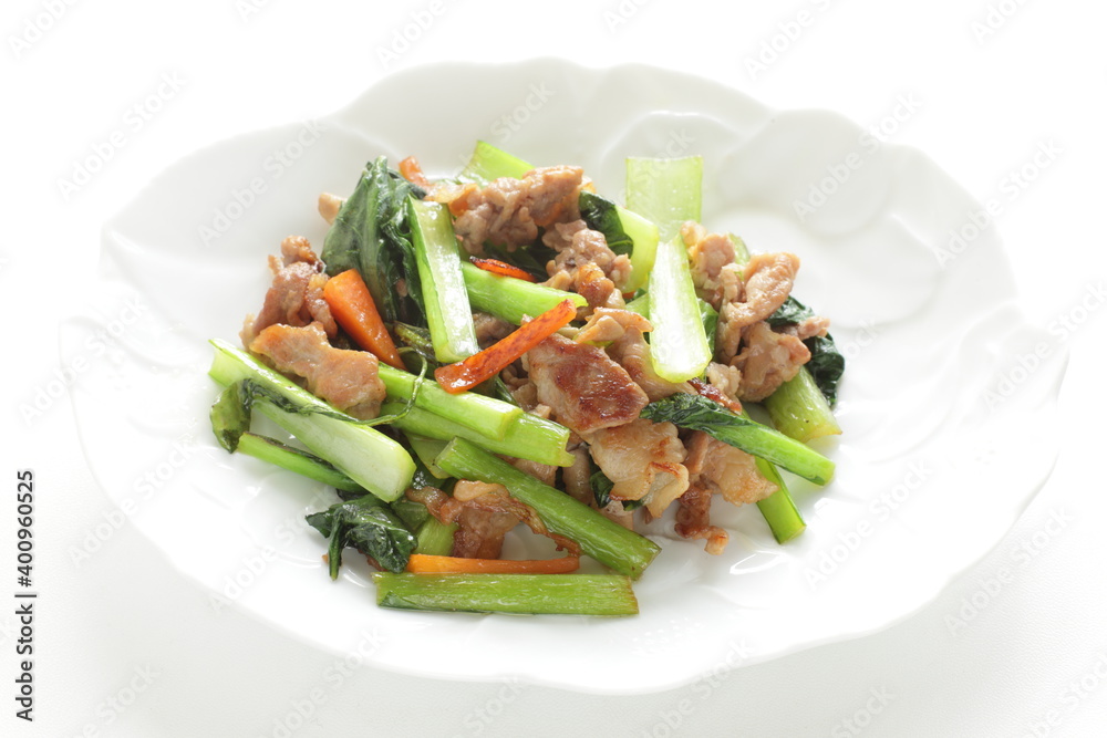 Chinese food, pork and green leaves vegetable stir fried Chinese food, pork and green leaves vegetable stir fried