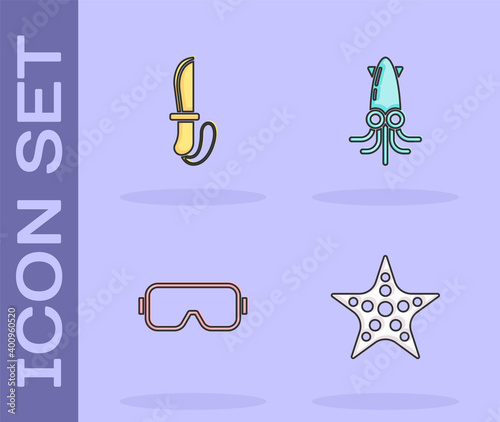Set Starfish, Knife, Diving mask and Octopus icon. Vector.